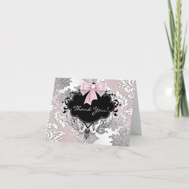 Pink and Black Damask Thank You Cards Dankeskarte (Vorderseite)