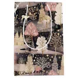Pink and Black Elegant Snowy Deer Forest Mittlere Geschenktüte