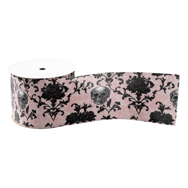 Pink and Black Goth Skulls and Roses Ripsband (Spule)