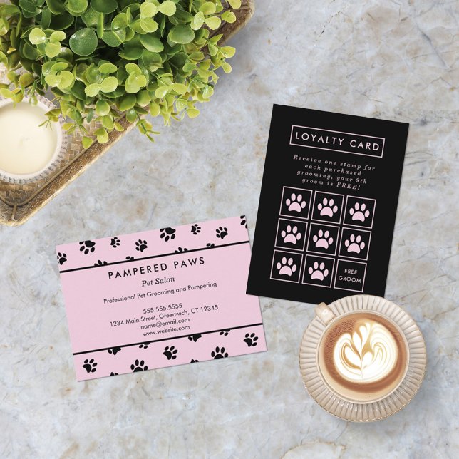 Pink and Black Paw Prints Professional Pet Salon Treuekarte (Pink and Black Paw Prints Professional Pet Salon Loyalty Card (front and back))