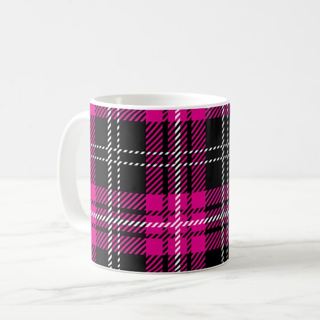 Pink and Black Plaid Tartan Print Coffee Cup Mug Kaffeetasse (Vorderseite Links)