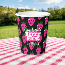 Pink and Black Strawberry Berry First Birthday  Pappbecher