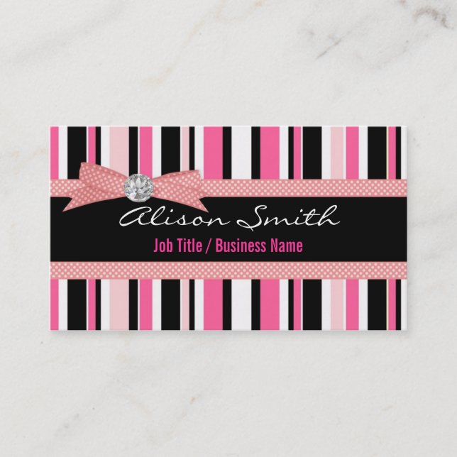 Pink and black stripes with bow visitenkarte (Vorderseite)