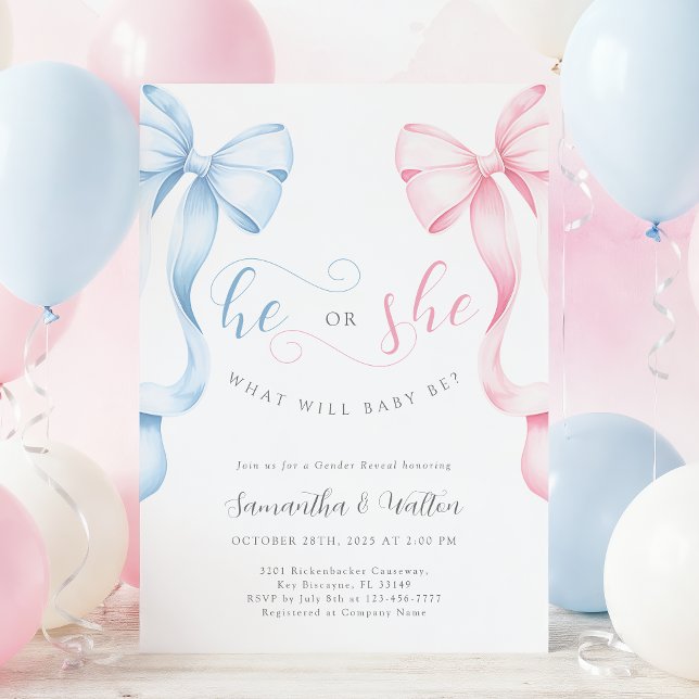 Pink and Blue Bows Gender Reveal Invitation Einladung (Von Creator hochgeladen)