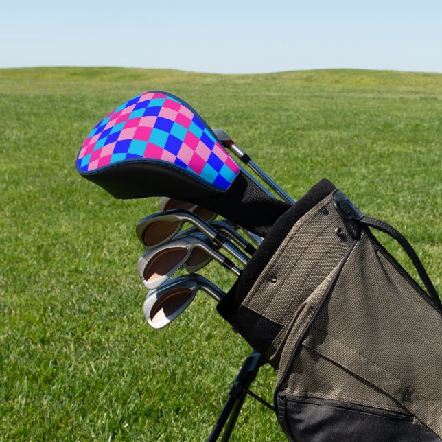 Pink and Blue Checkered Print Golf Headcover (In SItu)