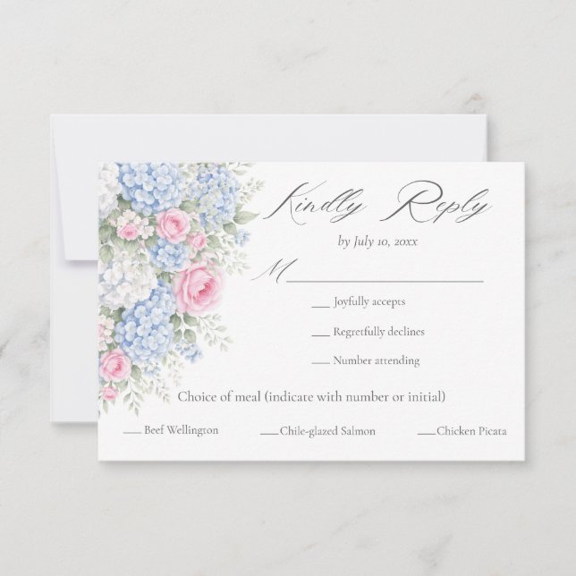 Pink and Blue Floral Garden Meal Choice Wedding RSVP Karte (Vorderseite)