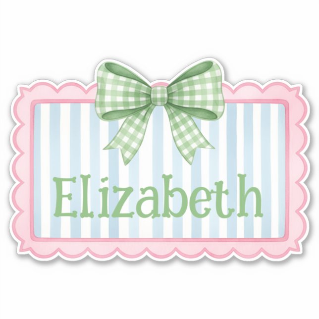 Pink and Blue Frame With Green Gingham Bow Aufkleber (Vorderseite)
