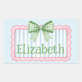 Pink and Blue Frame With Green Gingham Bow Rechteckiger Aufkleber