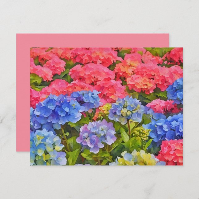 Pink and Blue Hydrangea Flowers Note Card Set Mitteilungskarte (Vorne/Hinten)