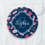 Pink and Blue Nurse Pattern with Monogram Button<br><div class="desc">Nurse themed pattern design in pink,  white,  and navy blue,  with a blue and white quatrefoil label featuring a monogram initial letter / name template.  A cute,  feminine design that is perfect for celebrating a special RN during nurses week.</div>