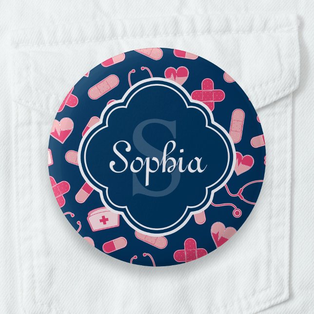 Pink and Blue Nurse Pattern with Monogram Button (Von Creator hochgeladen)
