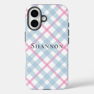 Pink and Blue Plaid Personalized Name iPhone 16 Hülle