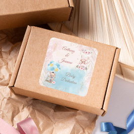 Pink and Blue Twin Teddy Bears on Swing with Cross Quadratischer Aufkleber