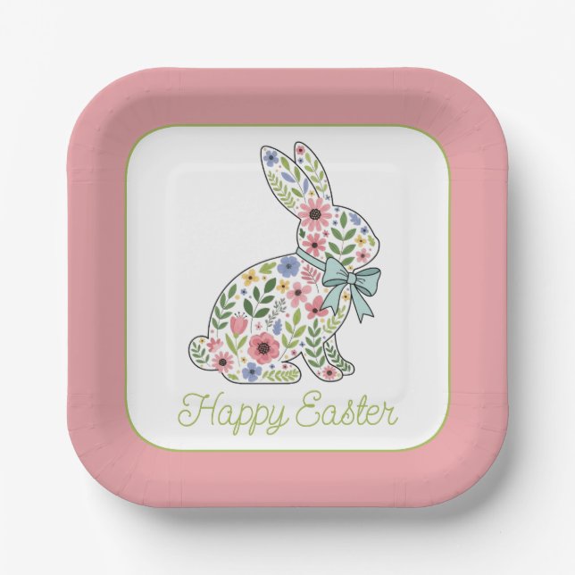 Pink and Blue Wildflower Easter Rabbit Pappteller (Vorderseite)