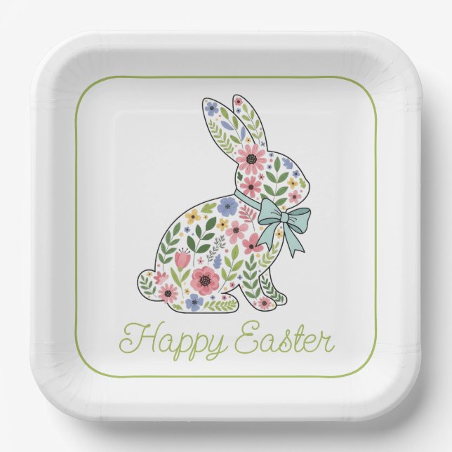Pink and Blue Wildflower Easter Rabbit Pappteller (Vorderseite)