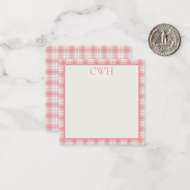 Pink and Cream Gingham Plaid Tartan Monogram Mitteilungskarte (Vorderseite/Rückseite Beispiel)