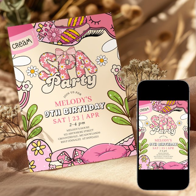 Pink and Cream Retro Daisy Spa Party Birthday  Einladung (Von Creator hochgeladen)