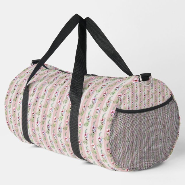 Pink and Cream stripe floral pattern Duffle Bag (Rechte Ecke)