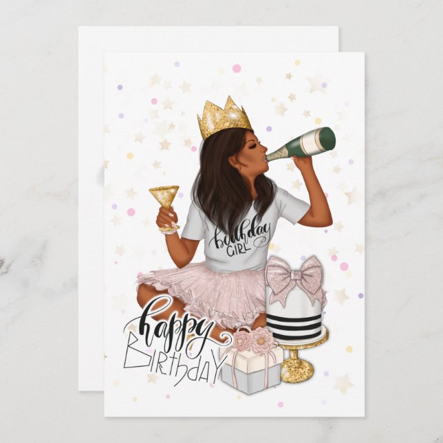 Pink and Gold African American Girl Birthday Party Einladung (Vorne/Hinten)