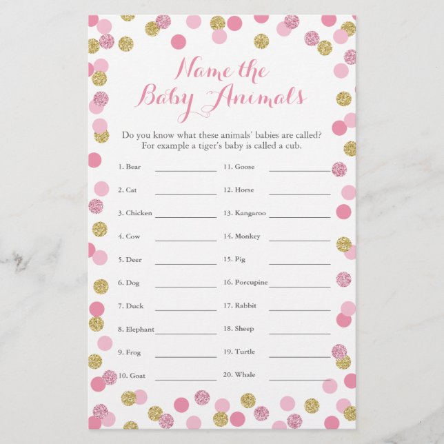 Pink and Gold Baby Showroom Baby Animal Name Game (Vorderseite)