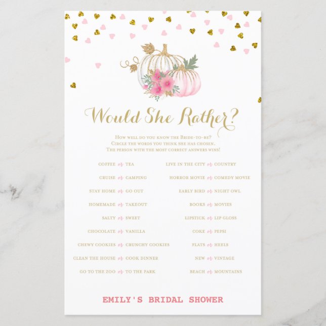 Pink and Gold Fall Brautparty Game, Pumpkin (Vorderseite)