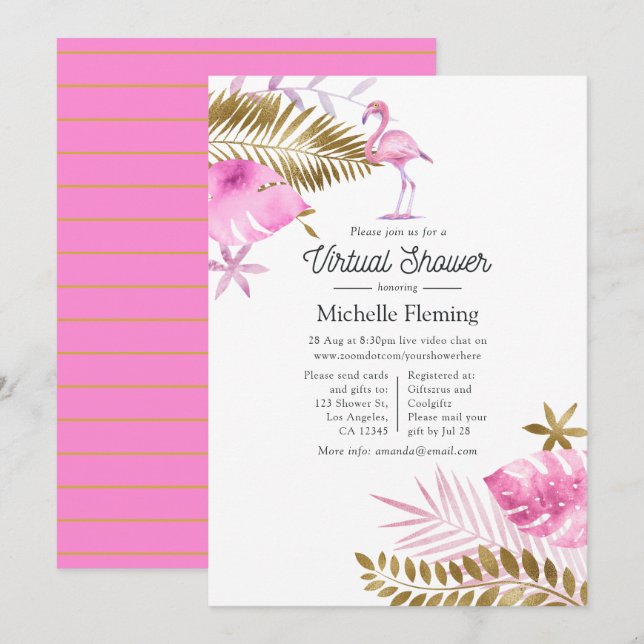 Pink and Gold Flamingo Virtual Baby Dusche Einladung (Vorne/Hinten)