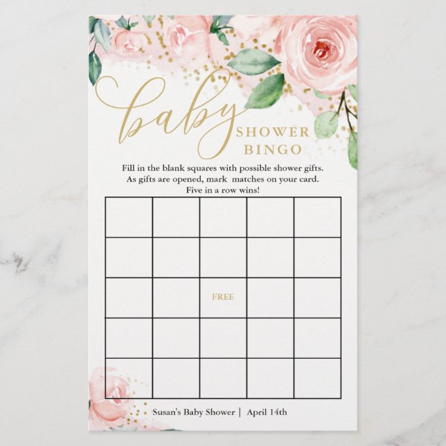 Pink and Gold Floral Baby Showcard Bingo Game Card (Vorderseite)