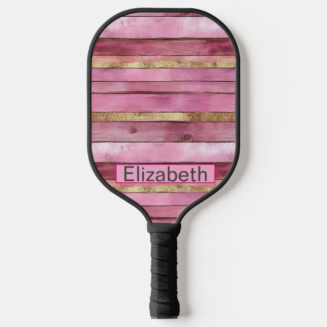 Pink and Gold Rustic Faux Wood Personalized Pickleball Schläger (Vorderseite)