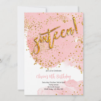 Pink and Gold Watercolor 16th Birthday Invitation Einladung