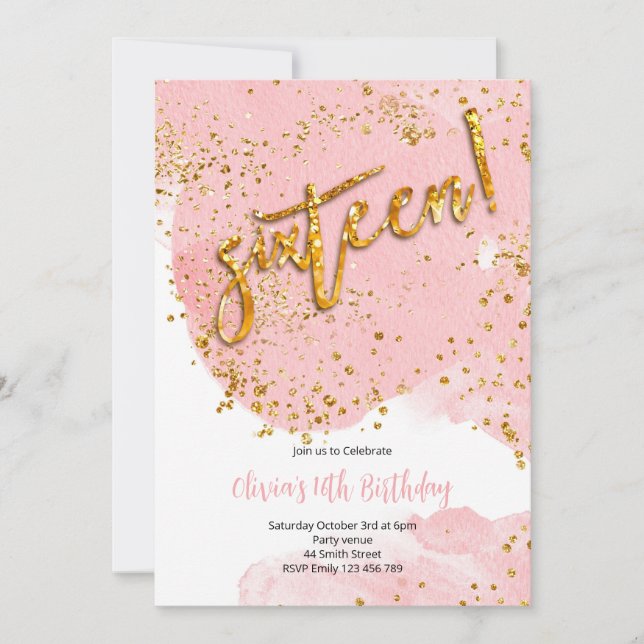 Pink and Gold Watercolor 16th Birthday Invitation Einladung (Vorderseite)