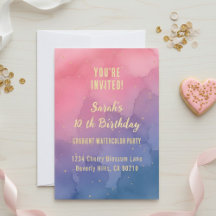 Pink and Gold Watercolor Ombre Birthday Invitation