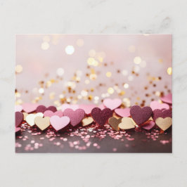 pink and golden hearts on golden glitter postkarte