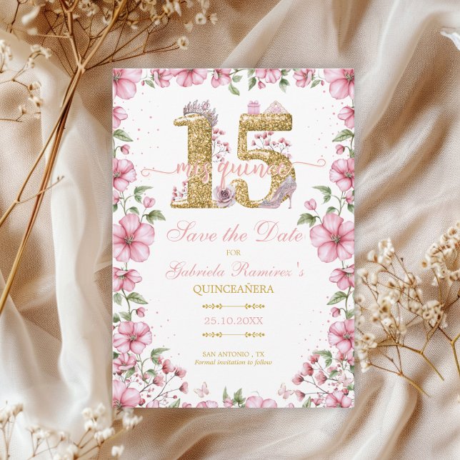 Pink and Golden Miss Quince Quinceañera Save The Date (Von Creator hochgeladen)