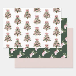 Pink and Green Brushstroke Christmas Flat Wrapping Geschenkpapier Set