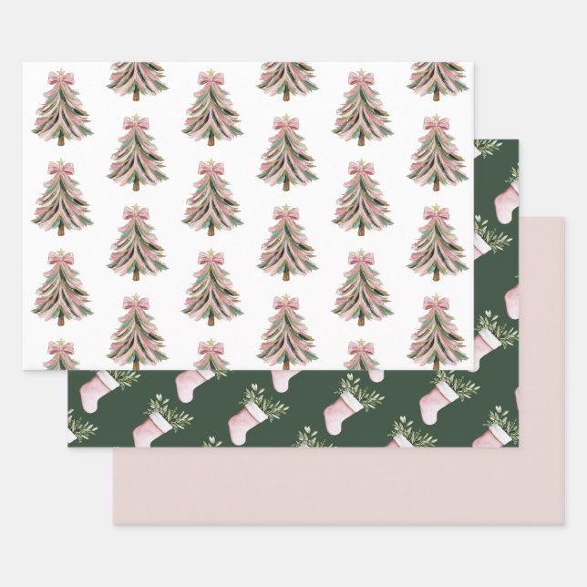 Pink and Green Brushstroke Christmas Flat Wrapping Geschenkpapier Set (Set)