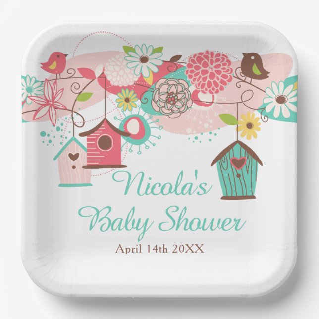 Pink and Green Floral Bird Cages Baby Shower Pappteller (Vorderseite)