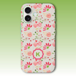 Pink and Green Floral Botanicals Monogram iPhone 16 Hülle