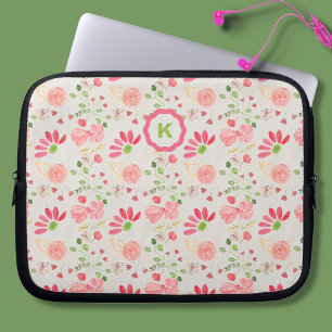 Pink and Green Floral Botanicals Monogram Laptopschutzhülle