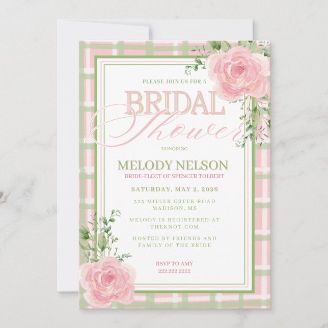 Pink and Green Floral Bridal Shower Invitation Einladung (Vorderseite)