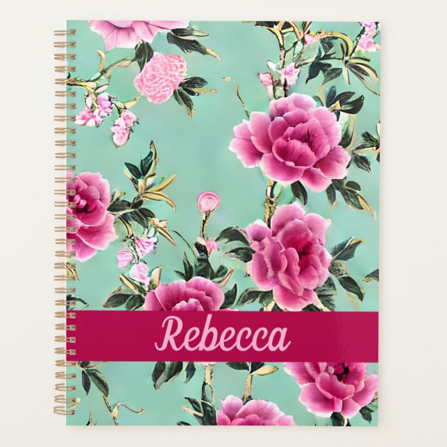 Pink and Green Floral Chinoiserie Personalized Planer (Vorderseite)
