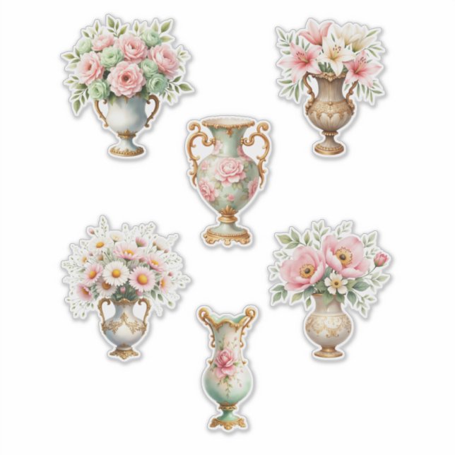 Pink and Green Floral Vase Sheet of Stickers Aufkleber (Vorderseite)