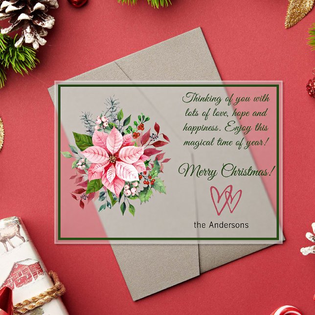 Pink and Green Poinsettia Frosted Christmas Card Acryleinladungen (Von Creator hochgeladen)