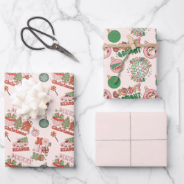 Pink and Green Retro Christmas  Geschenkpapier Set