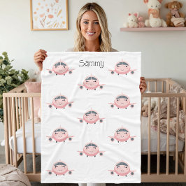 Pink and Grey Airplane Girl Name Personalized Fleecedecke