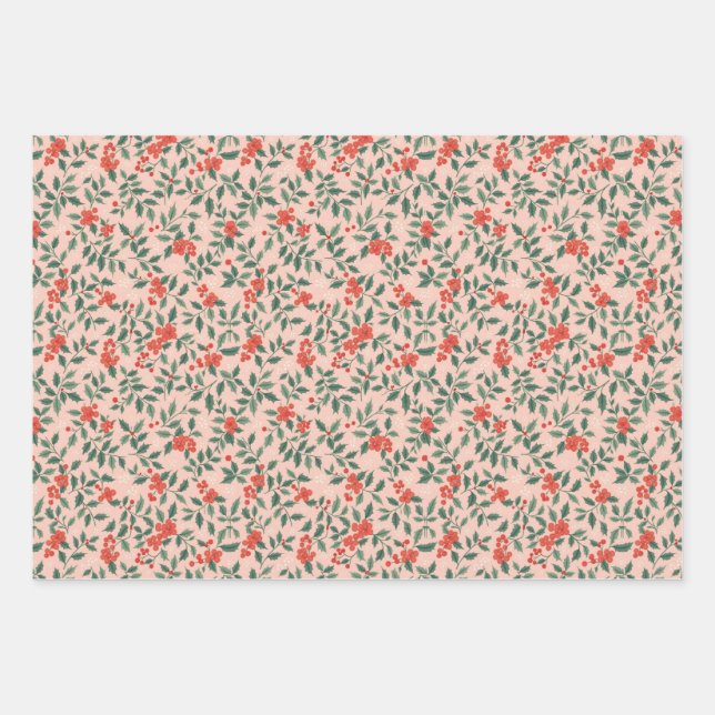 Pink and Holly Christmas Wrapping Paper Geschenkpapier Set (Vorderseite)