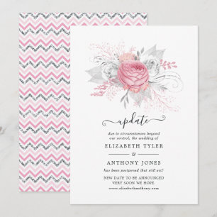 Pink and Imitate Foil Silver Floral Wedding Update Einladung