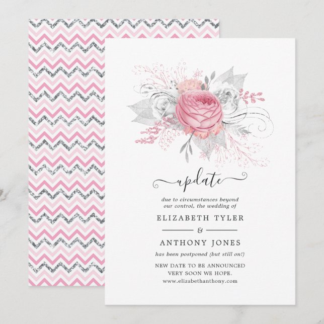Pink and Imitate Foil Silver Floral Wedding Update Einladung (Vorne/Hinten)