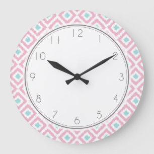 Pink and Mint Diamond Ikat Pattern Große Wanduhr