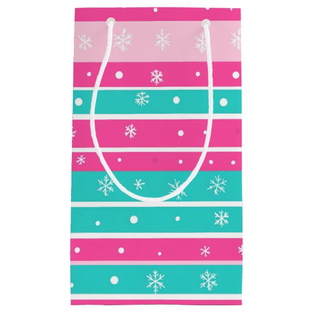 Pink and Mint Horizontal Striped Snowflake Kleine Geschenktüte (Vorderseite)