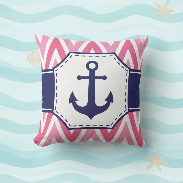 Pink and Navy Anchor Throw Pillow Kissen (Pink chevron and navy blue anchor decorative throw pillow.)